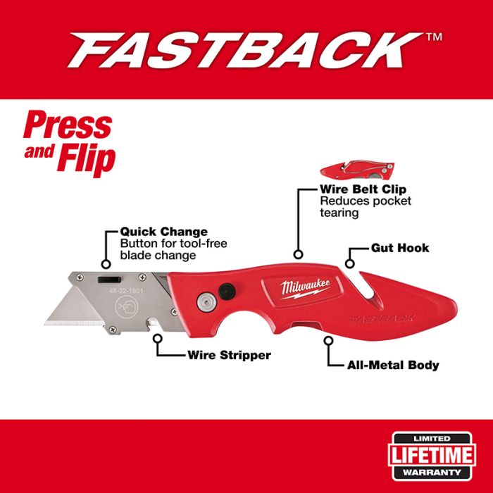 Fastback Flip Utility Knife, Belt Clip, Wire Stripper