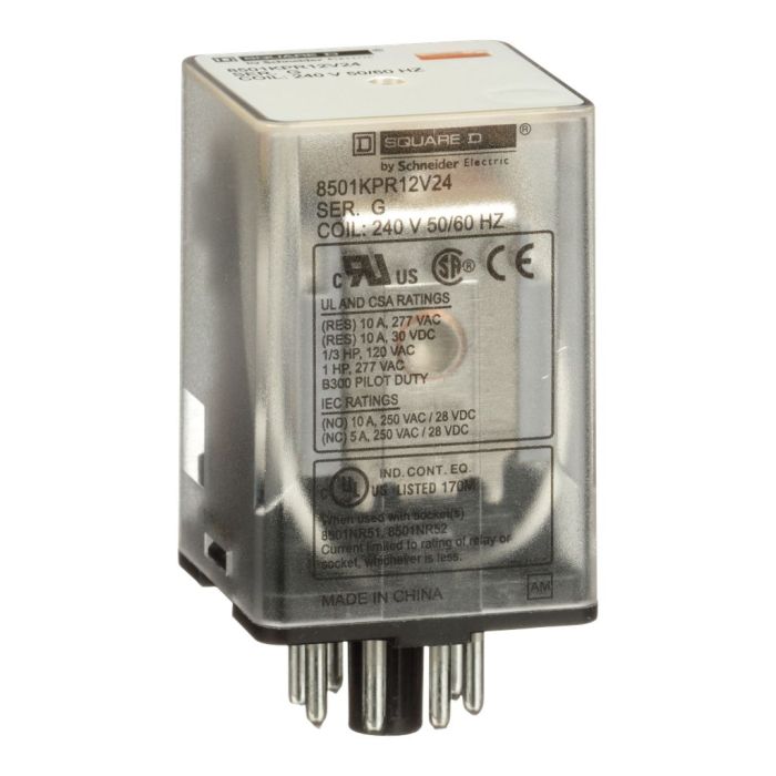 Plug in relay, 8 pin, DPDT, 10 amp at 277 VAC, 240 VAC coil