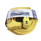 12/3 Right Angle SJEOW Extension Cord - 100 Feet - 15A - GFCI Male 5-15P Plug - Triple Tap Female End with 2 Closure Flaps - 120 Volt