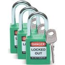 Brady Nonconductive Safety Padlocks - 6-pin Cylinder, 1.5 In. Shackle Clearance, Keyed Alike, Green