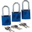 Standard Size Aluminum Padlocks - 6-pin Cylinder, 1.5 In. Shackle Clearance, Keyed Alike, Blue