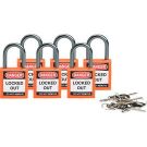 Brady Nonconductive Compact Safety Padlocks - 5-pin Cylinder, 1 In. Shackle Clearance, Keyed Alike, Orange