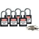 Brady Nonconductive Compact Safety Padlocks - 5-pin Cylinder, 1 In. Shackle Clearance, Keyed Alike, Black