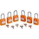 Brady Nonconductive Safety Padlocks - 6-pin Cylinder, 1.5 In. Shackle Clearance, Keyed Alike, Orange