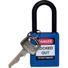 Brady Nylon Shackle Safety Padlock - 6-pin Cylinder, 1.5 In. Shackle Clearance, Keyed Different, Blue