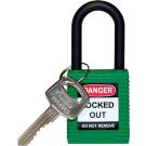 Brady Nylon Shackle Safety Padlock - 6-pin Cylinder, 1.5 In. Shackle Clearance, Keyed Different, Green