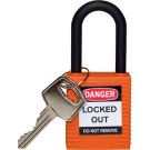 Brady Nylon Shackle Safety Padlock - 6-pin Cylinder, 1.5 In. Shackle Clearance, Keyed Different, Orange