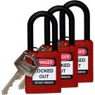 Brady Nylon Shackle Safety Padlocks - 6-pin Cylinder, 1.5 In. Shackle Clearance, Keyed Alike, Red