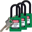 Brady Nylon Shackle Safety Padlocks - 6-pin Cylinder, 1.5 In. Shackle Clearance, Keyed Alike, Green