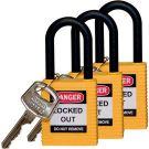 Brady Nylon Shackle Safety Padlocks - 6-pin Cylinder, 1.5 In. Shackle Clearance, Keyed Alike, Yellow