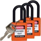 Brady Nylon Shackle Safety Padlocks - 6-pin Cylinder, 1.5 In. Shackle Clearance, Keyed Alike, Orange