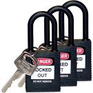 Brady Nylon Shackle Safety Padlocks - 6-pin Cylinder, 1.5 In. Shackle Clearance, Keyed Alike, Black