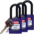 Brady Nylon Shackle Safety Padlocks - 6-pin Cylinder, 1.5 In. Shackle Clearance, Keyed Alike, Purple
