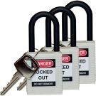 Brady Nylon Shackle Safety Padlocks - 6-pin Cylinder, 1.5 In. Shackle Clearance, Keyed Alike, White