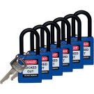 Brady Nylon Shackle Safety Padlocks - 6-pin Cylinder, 1.5 In. Shackle Clearance, Keyed Alike, Blue
