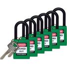Brady Nylon Shackle Safety Padlocks - 6-pin Cylinder, 1.5 In. Shackle Clearance, Keyed Alike, Green