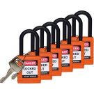 Brady Nylon Shackle Safety Padlocks - 6-pin Cylinder, 1.5 In. Shackle Clearance, Keyed Alike, Orange