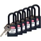 Brady Nylon Shackle Safety Padlocks - 6-pin Cylinder, 1.5 In. Shackle Clearance, Keyed Alike, Black