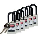 Brady Nylon Shackle Safety Padlocks - 6-pin Cylinder, 1.5 In. Shackle Clearance, Keyed Alike, White