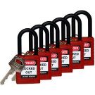 Brady Nylon Shackle Safety Padlocks - 6-pin Cylinder, 1.5 In. Shackle Clearance, Keyed Different, Red