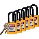 Brady Nylon Shackle Safety Padlocks - 6-pin Cylinder, 1.5 In. Shackle Clearance, Keyed Different, Yellow