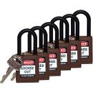 Brady Nylon Shackle Safety Padlocks - 6-pin Cylinder, 1.5 In. Shackle Clearance, Keyed Different, Brown