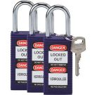 Brady Long Body Safety Padlocks - 6-pin Cylinder, 1.5" Shackle Clearance, Keyed Alike, Purple