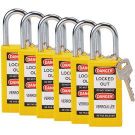 Brady Long Body Safety Padlocks - 6-pin Cylinder, 1.5" Shackle Clearance, Keyed Alike, Yellow