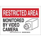 RESTRICTED AREA Monitored By Video Camera Sign - Self-sticking Polyester 7 x 10 - Black/Red on White