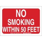 No Smoking Within 50 Feet Sign - Light Duty Plastic - White on Red - 10 x 14