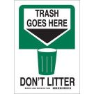 TRASH GOES HERE Don't Litter Sign - Light Duty Plastic 14 x 10 - Black/Green on White