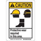CAUTION Protective Wear Required In This Area. Sign - Non-reflective Aluminum - Black/Yellow on White - 14 x 10