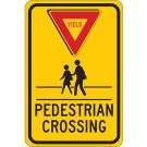 YIELD Pedestrian Crosswalk Sign - Non-reflective Aluminum 18 x 12 - Black/Red on Yellow