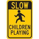 SLOW Children Playing Sign - Self-sticking Polyester 18 x 12 - Black on Yellow
