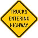 Trucks Entering Highway Sign - Non-reflective Aluminum 24 x 24 - Black on Yellow