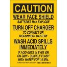 CAUTION Wear Face Shield Batteries May Explode Turn Off Charger To Connect Or Disconnect Battery Sign - Light Duty Plastic - Black on Yellow - 14 x 10