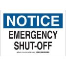 NOTICE Emergency Shut-Off Sign - Light Duty Plastic - Black/Blue on White - 7 x 10