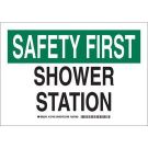 SAFETY FIRST Shower Station Sign - Light Duty Plastic - Black/Green on White - 7 x 10