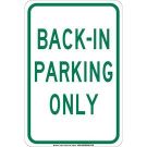 Back-In Parking Only Sign - Light Duty Plastic 18 x 12 - Green on White