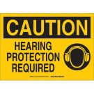 CAUTION Hearing Protection Required Sign - Premium Fiberglass 10 x 14 - Black on Yellow