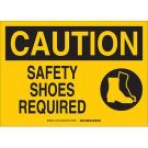 CAUTION Safety Shoes Required Sign - Premium Fiberglass 10 x 14 - Black on Yellow