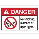 DANGER No Smoking, Matches Or Open Lights. Sign - Non-reflective Aluminum - Black/Red on White - 10 x 14