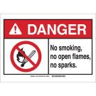 DANGER No Smoking, No Open Flames, No Sparks. Sign - Light Duty Plastic - Black/Red on White - 10 x 14