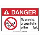 DANGER No Smoking, Or Open Lights Within___Feet. Sign - Self-sticking Polyester - Black/Red on White - 7 x 10