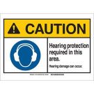 CAUTION Hearing Protection Required In This Area. Hearing Damage Can Occur. Sign - Non-reflective Aluminum - Black/Blue/Yellow on White - 10 x 14