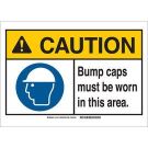 CAUTION Bump Caps Must Be Worn In This Area. Sign - Self-sticking Polyester - Black/Blue/Yellow on White - 10 x 14