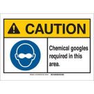 CAUTION Chemical Goggles Required In This Area. Sign - Non-reflective Aluminum - Black/Blue/Yellow on White - 7 x 10