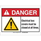 DANGER Electrical Box Covers Must Be Closed At All Times. Sign - Non-reflective Aluminum - Black/Red/Yellow on White - 7 x 10