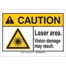 CAUTION Laser Area. Vision Damage May Result. Sign - Non-reflective Aluminum - Black/Yellow on White - 7 x 10