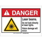 DANGER Laser Beams. Do Not Look Directly At Laser Lights. Vision Damage Will Occur. Sign - Non-reflective Aluminum - Black/Red/Yellow on White - 10 x 14